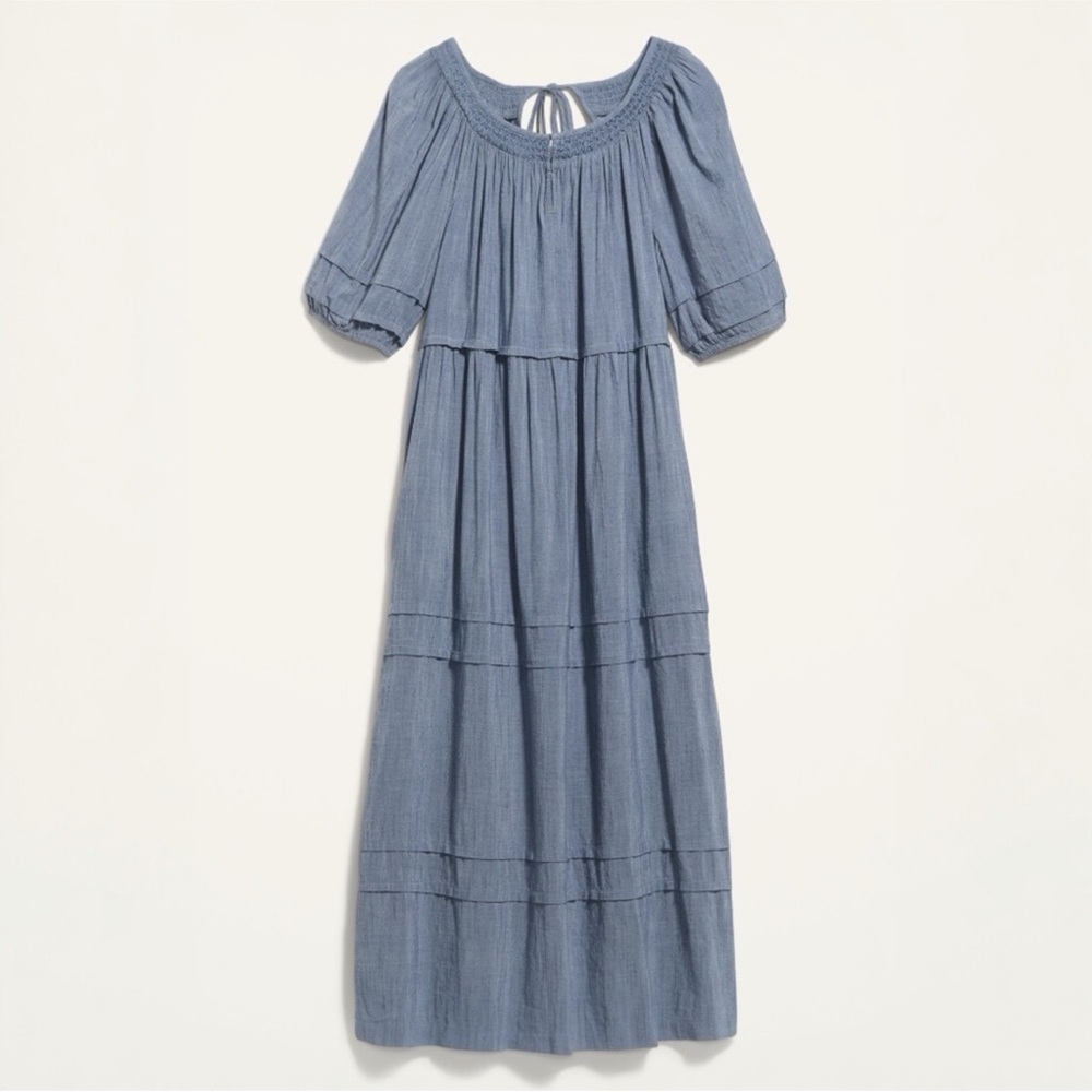 NWT Old Navy Puff-Sleeve Chambray Smocked Midi Swing Dress - Picture 6 of 8